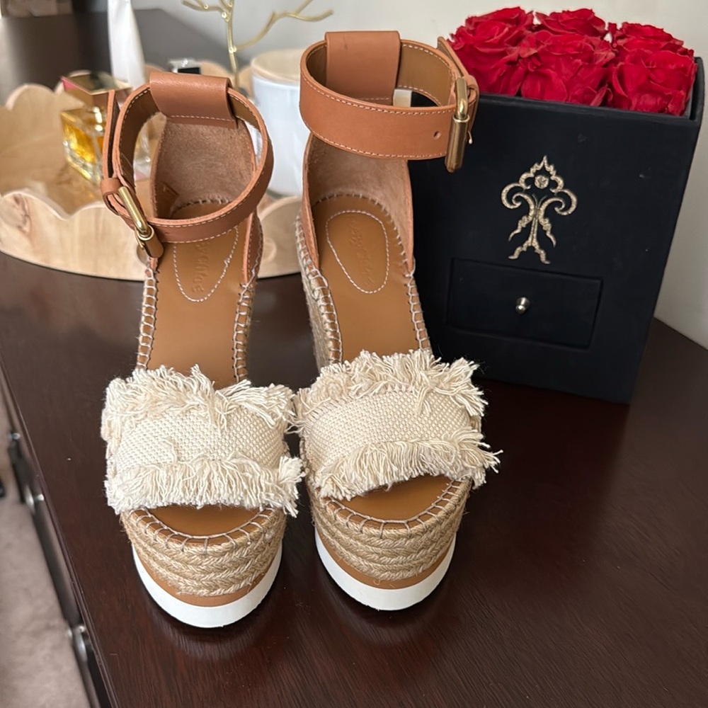 See By Chloe Cream and Tan Wedge Sandals with Fringe